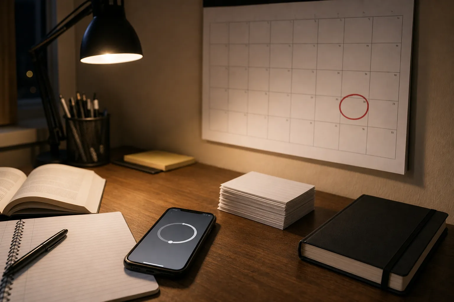 A student study desk at night with a grayscale phone timer, flashcards, planner, and a circled exam date on a wall calendar