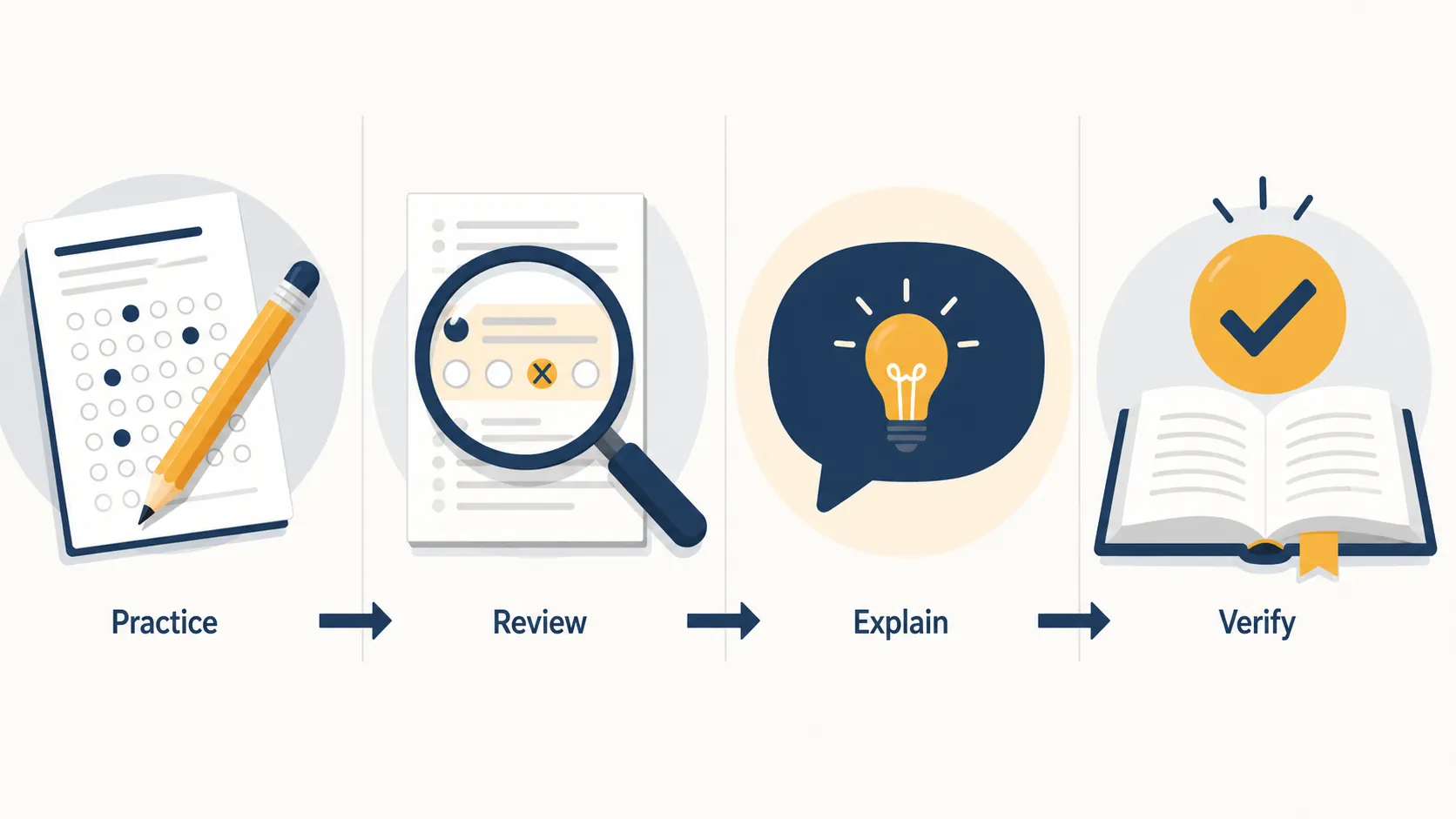 Four-panel workflow showing Practice, Review, Explain, and Verify steps for using AI after official test practice