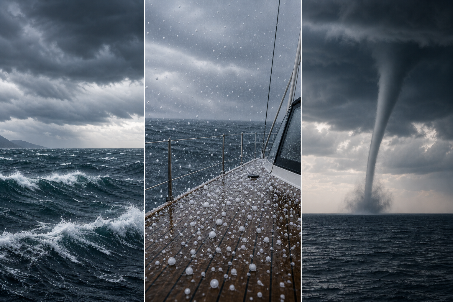 Three marine warning hazards showing strong winds, hail on a boat deck, and a waterspout over the sea