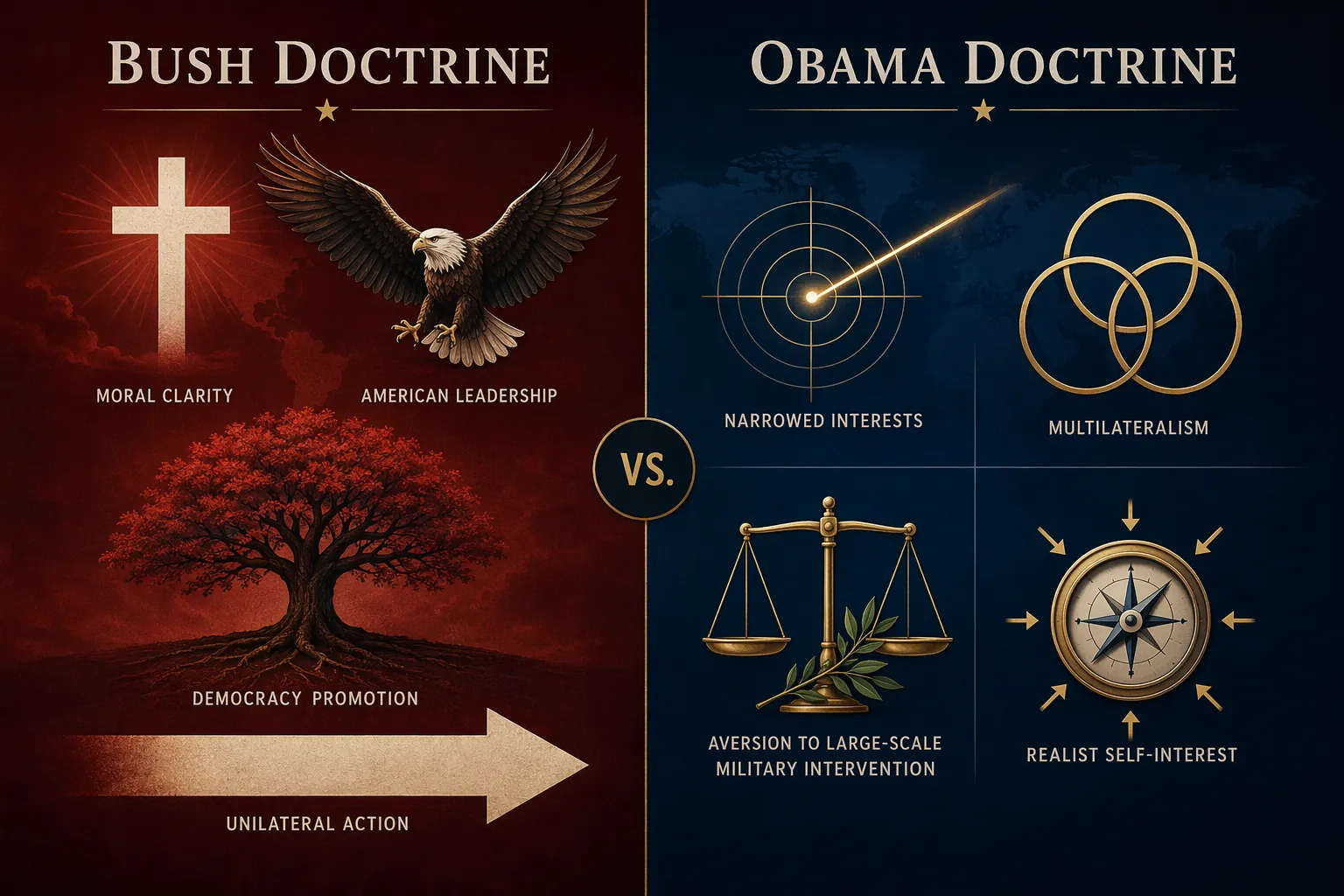 Split comparison diagram contrasting the Bush Doctrine with the Obama Doctrine
