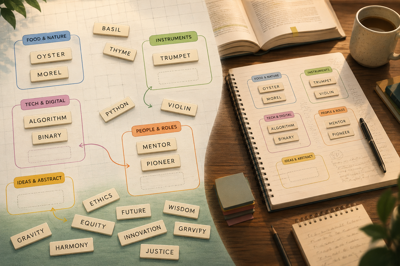 Word tiles and academic terms sorted into colored category groups beside a study desk