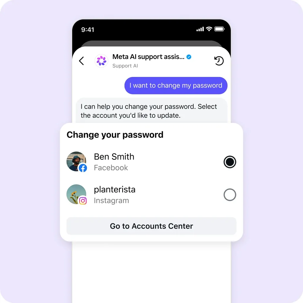 Meta AI support assistant interface for account help