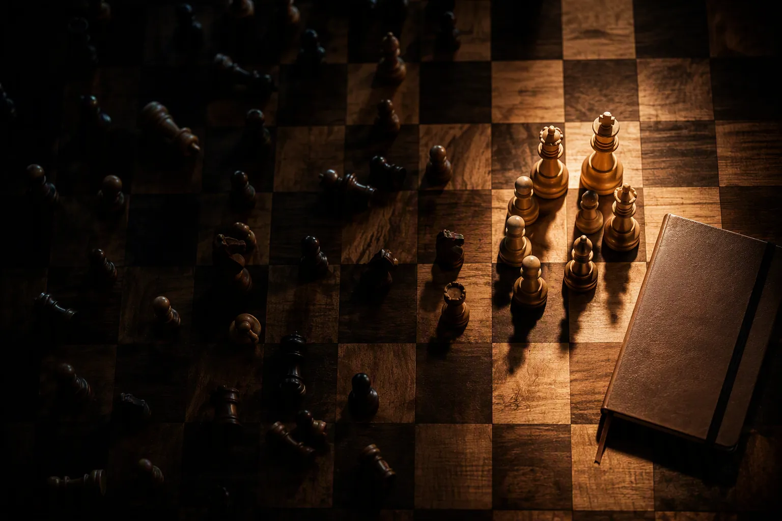 Wooden chessboard with scattered pieces, a focused group of pieces, and a closed notebook