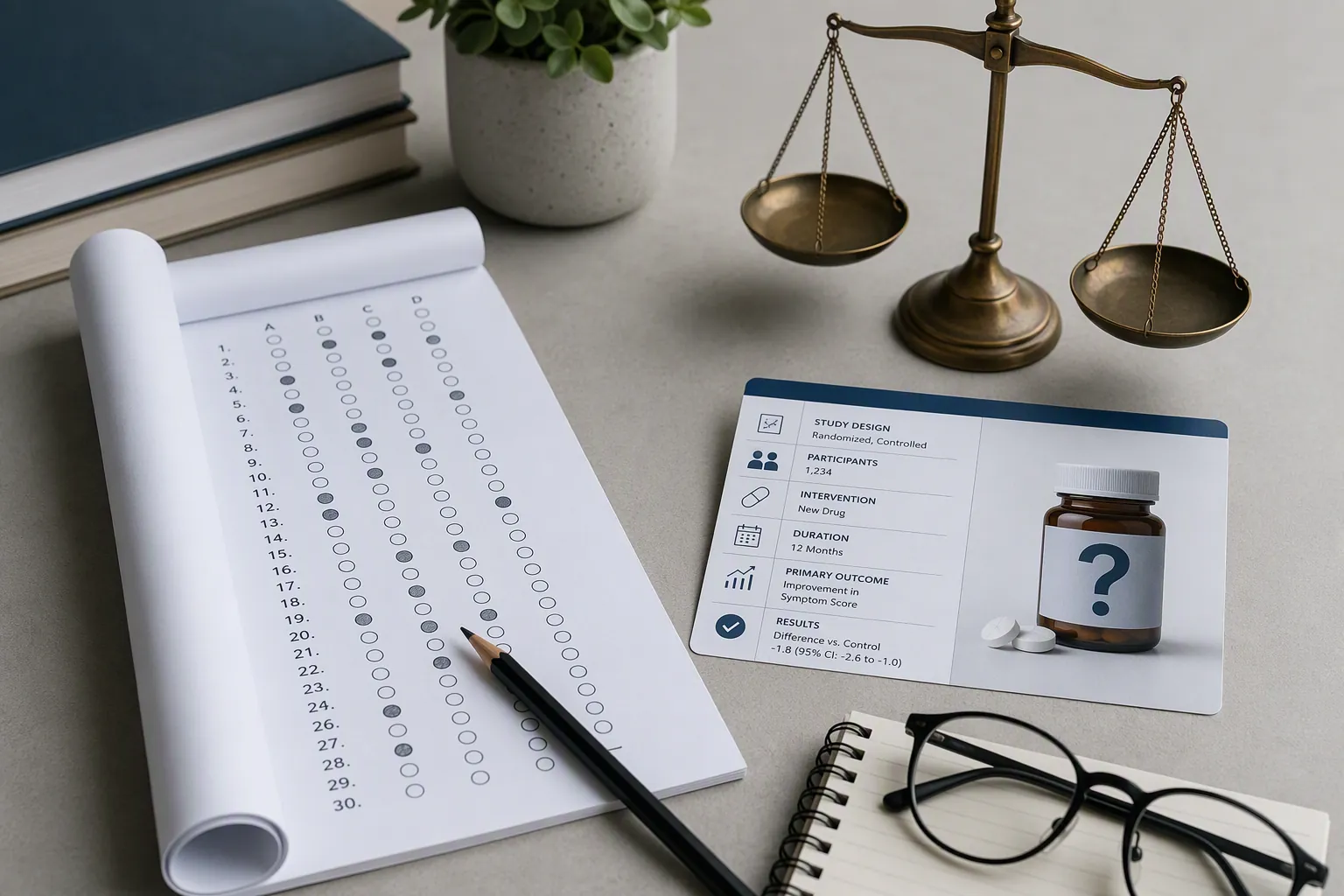 Standardized test sheet, clinical-trial card, question-mark pill bottle, and balanced scale on a neutral surface