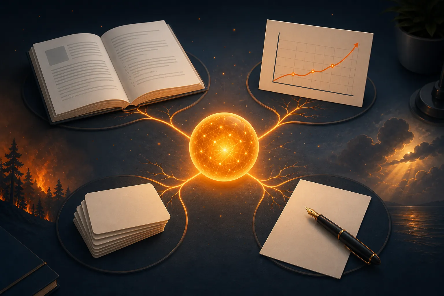 A glowing source of verified facts feeding a test booklet, chart, essay page, and flashcards