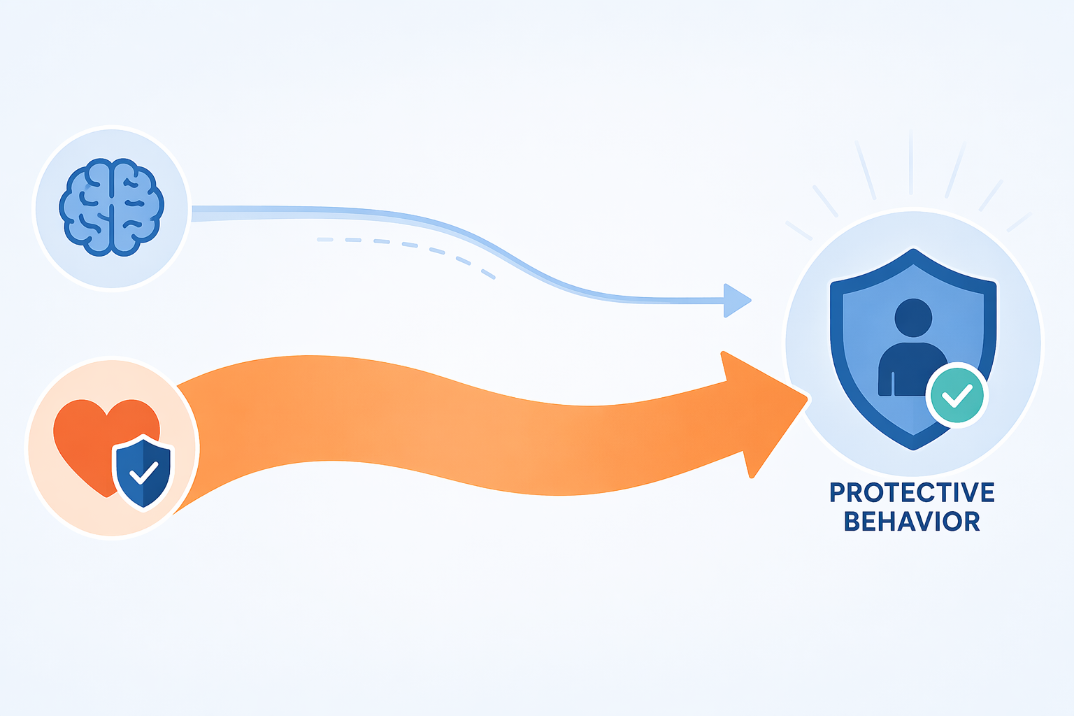 Diagram comparing a weaker knowledge pathway and a stronger attitude pathway toward protective behavior