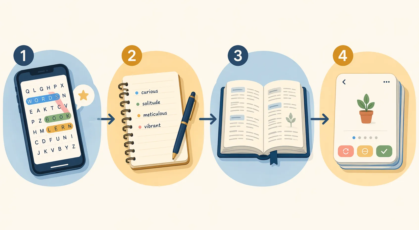Four-step workflow from phone puzzle to notebook, dictionary, and spaced repetition flashcards