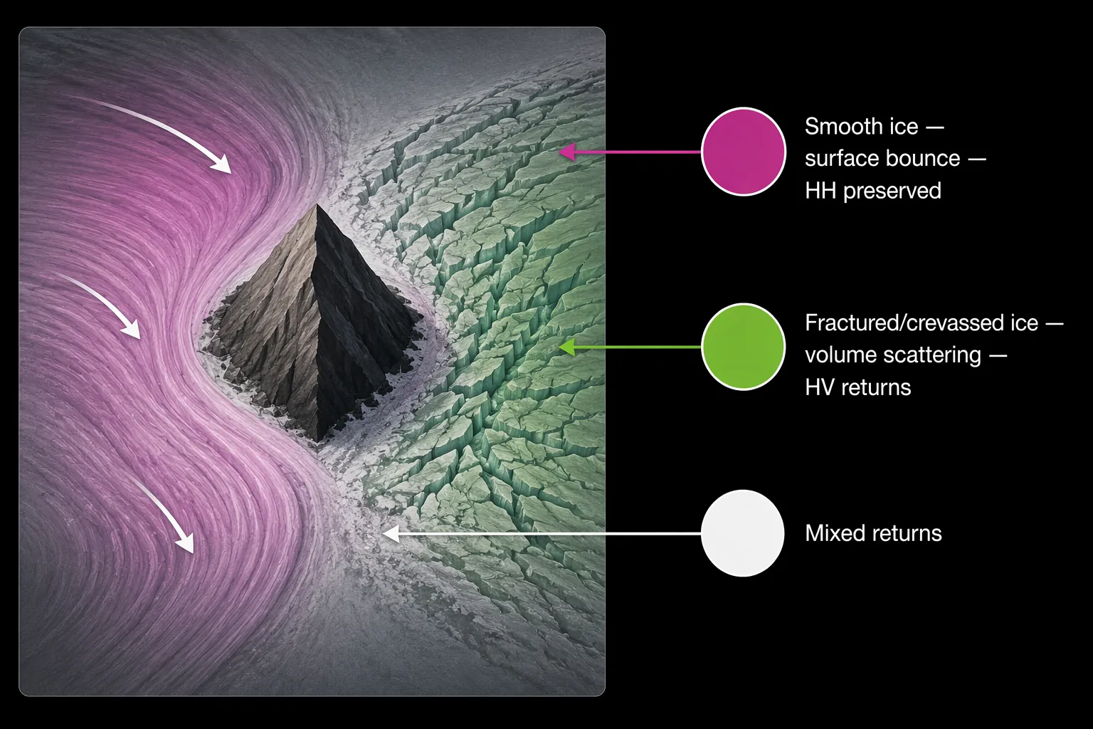 Simplified diagram of a nunatak with magenta smooth ice, green fractured ice, and white mixed radar returns labeled by scattering behavior