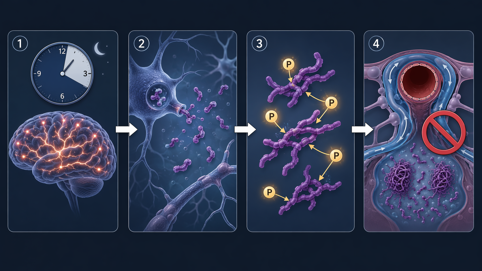 Mechanism chain showing short sleep, increased neuronal activity, tau release, phosphorylation, impaired drainage, and tau accumulation