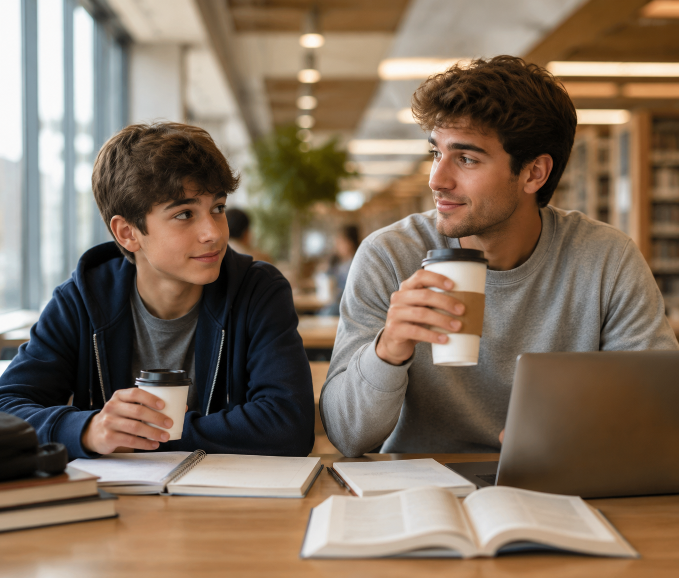 High school and college students studying at a library table with different coffee cup sizes