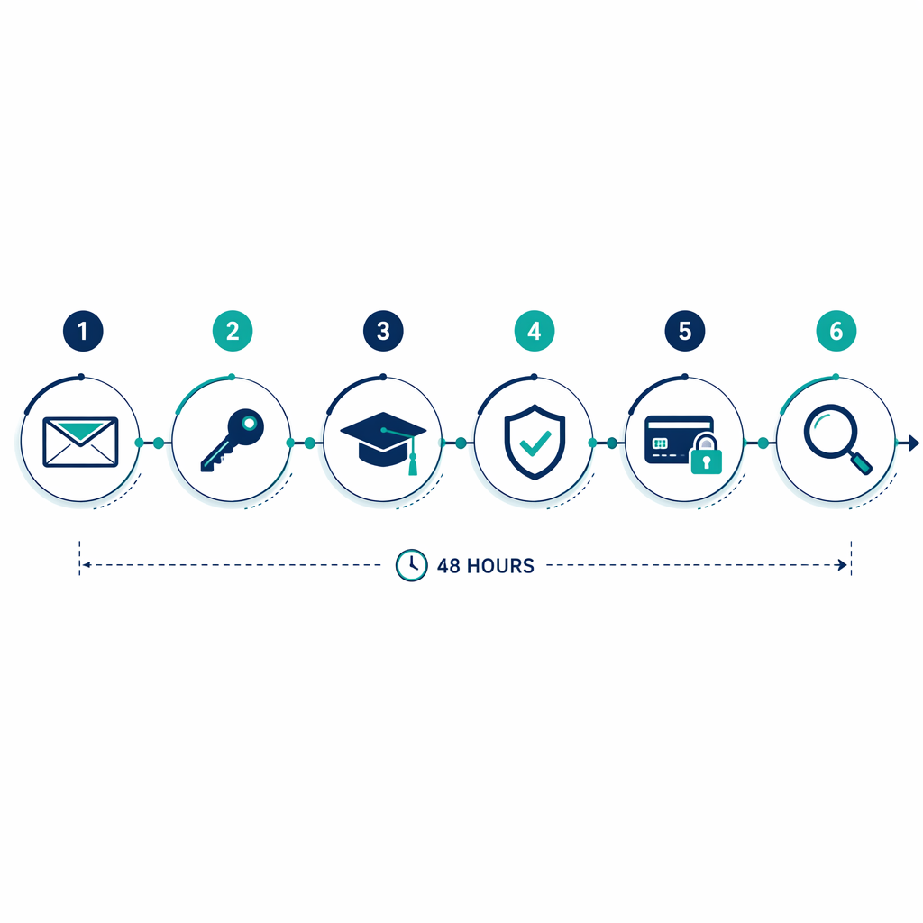 Six-step workflow showing email, passwords, exam accounts, MFA, credit freeze, and monitoring