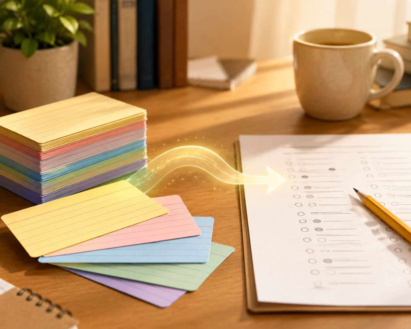 Flashcards and a partially completed practice test on a desk, connected by an arrow