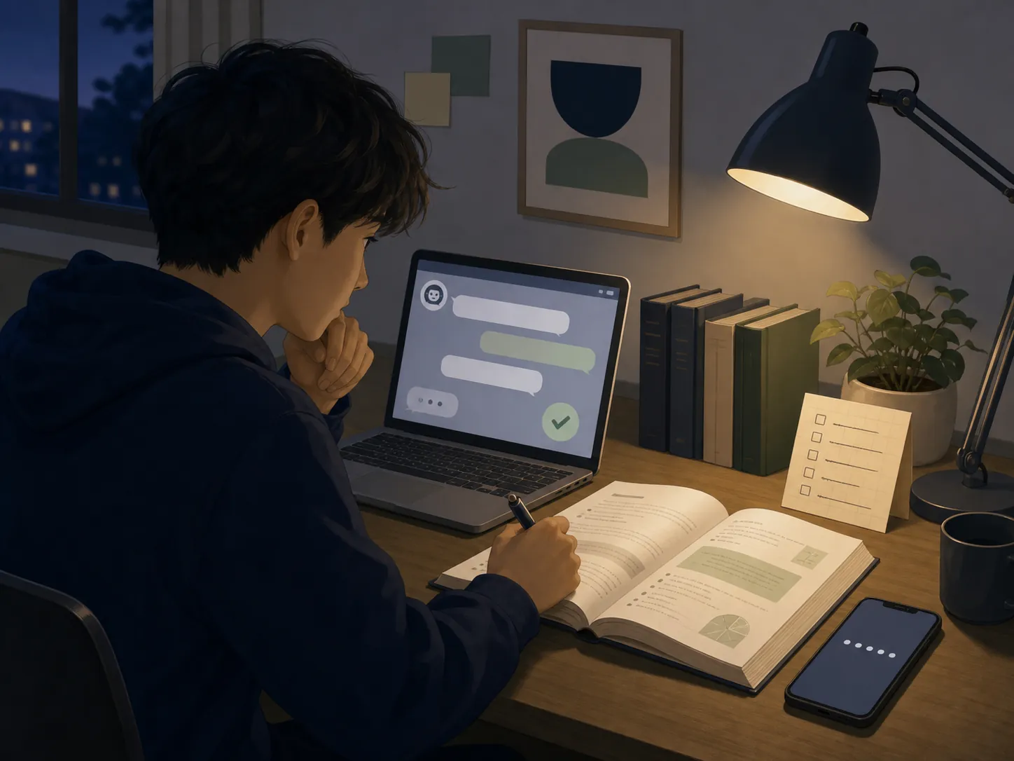 A student compares an AI chatbot answer with an exam prep book while a phone shows a two-factor authentication prompt