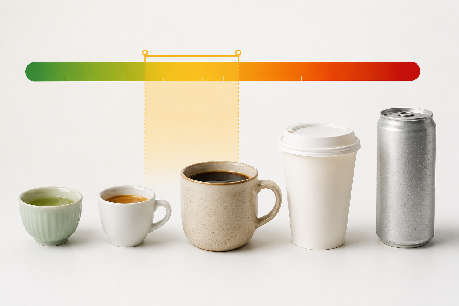 Common drink vessels arranged from low to high caffeine with a highlighted study sweet spot
