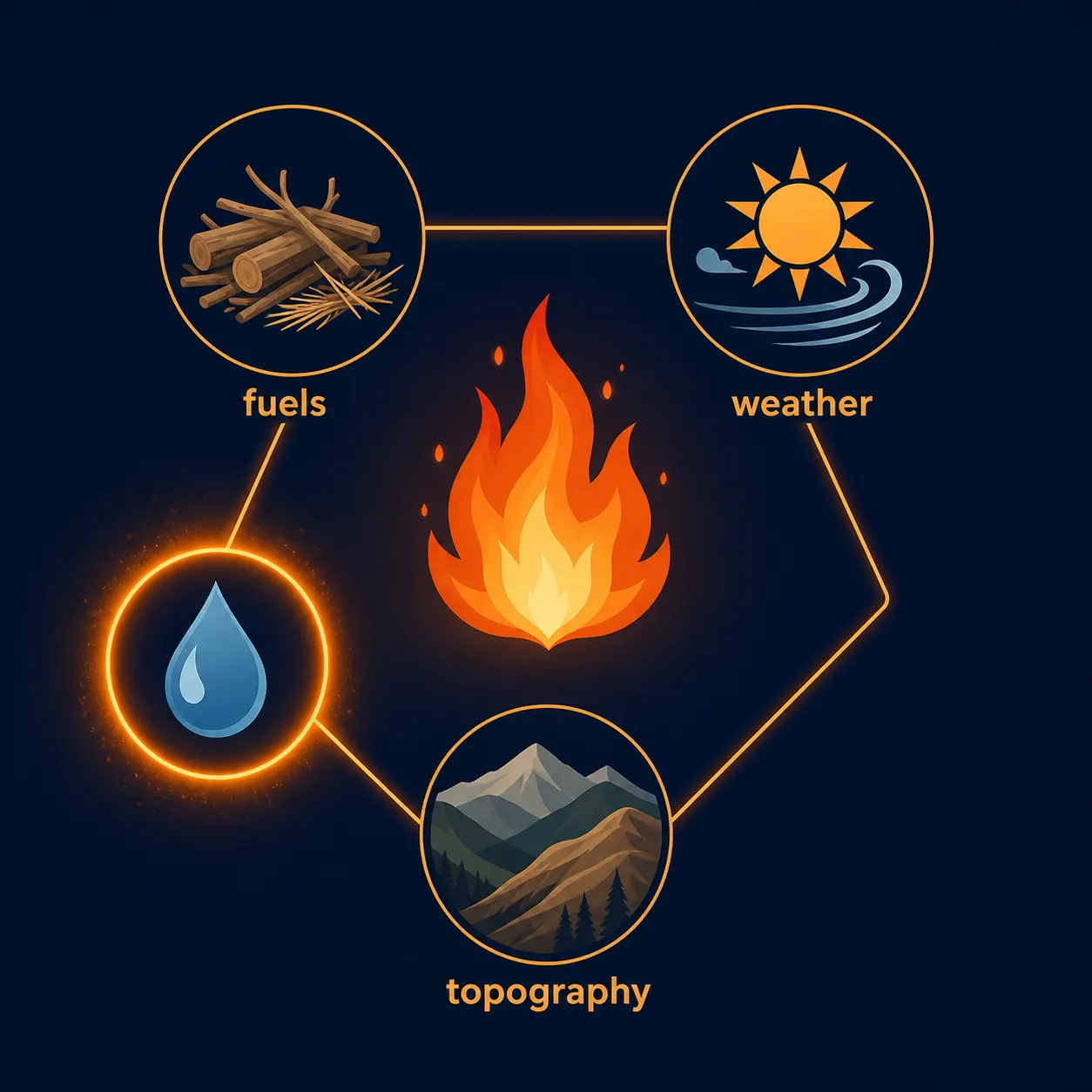 Diagram of wildfire behavior showing fuels, weather, topography, and highlighted fuel moisture