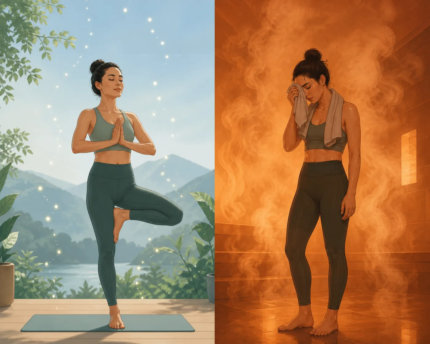 Illustration contrasting calm yoga practice with a sweaty heated-room version