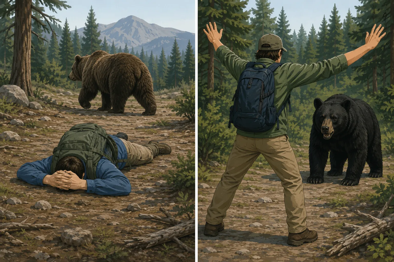 Two-panel illustration showing playing dead for a defensive grizzly attack and standing to fight back against a black bear attack