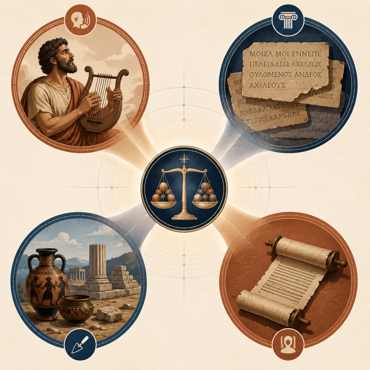 Diagram of oral tradition, layered text, archaeology, and later testimony converging toward a nuanced judgment