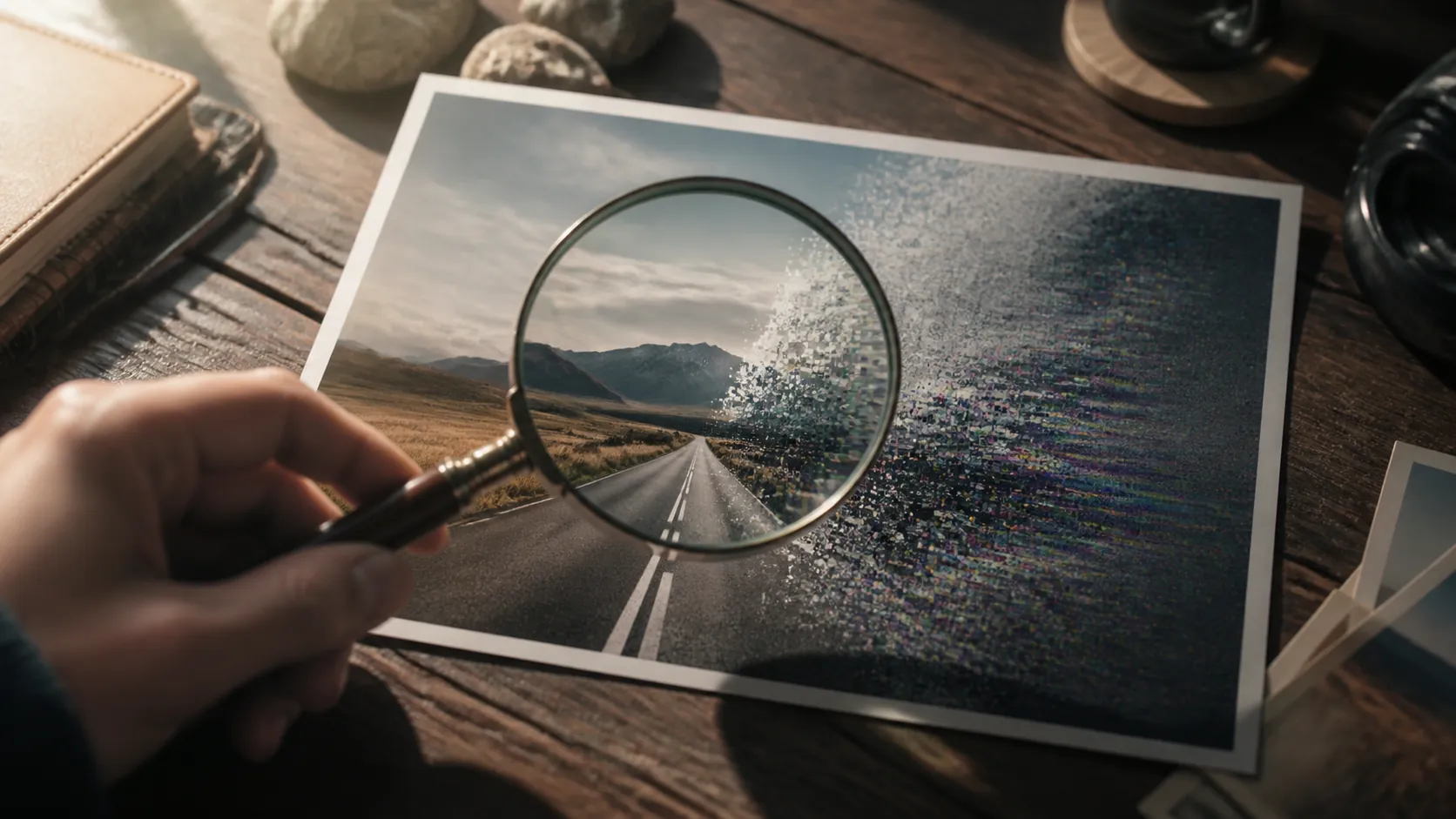 A magnifying glass over a printed photograph split between a crisp landscape and glitch-like pixel noise