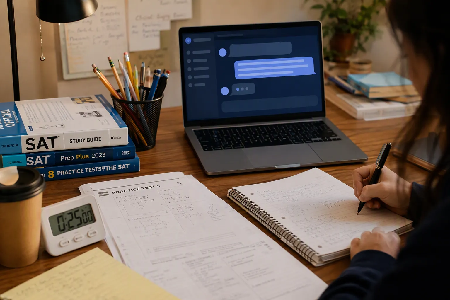 A student study desk with SAT prep books, printed practice tests, handwritten notes, and a laptop showing an abstract AI chat interface