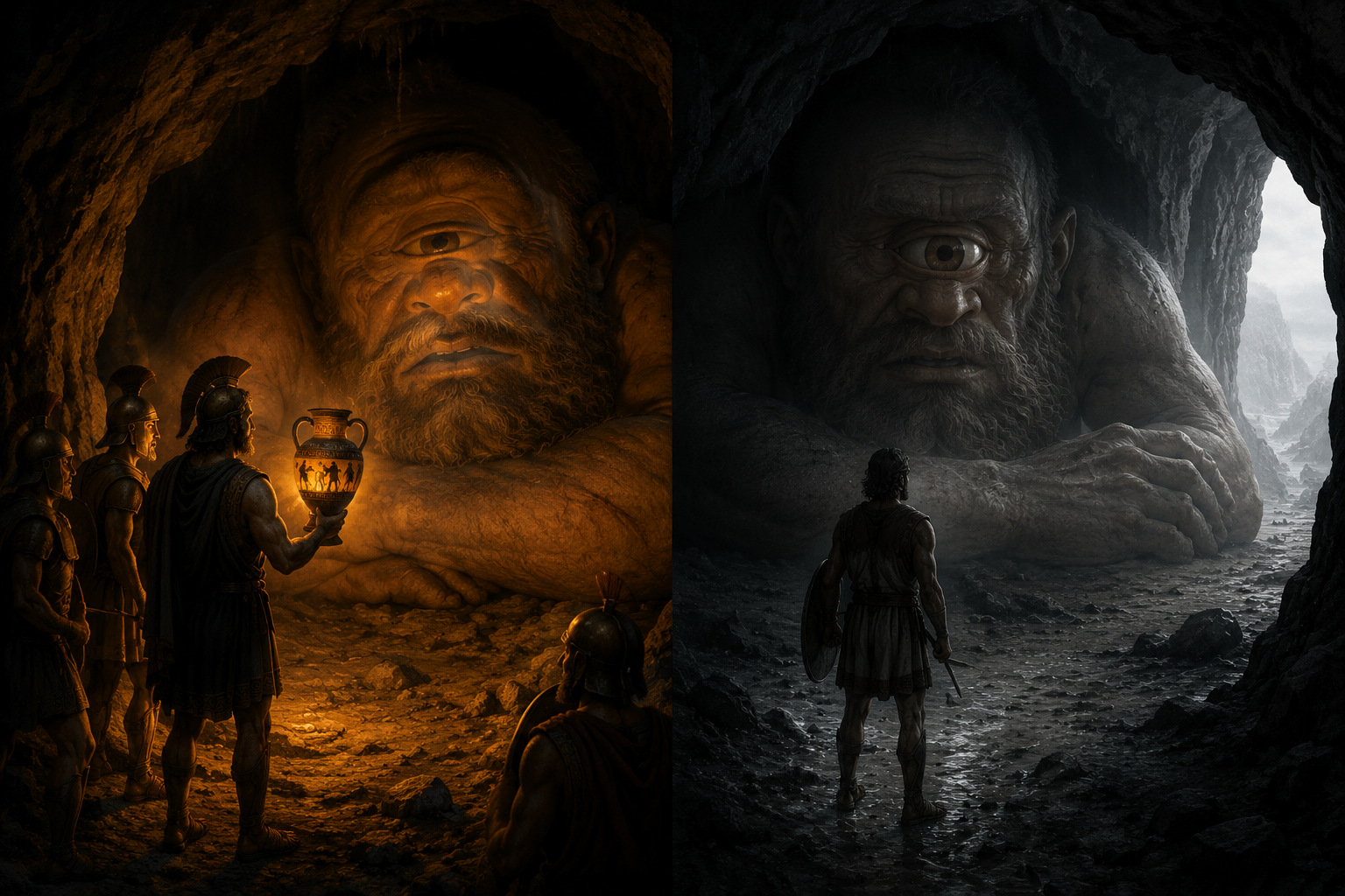 Split illustration of the Cyclops cave contrasting Homer’s wine-and-cunning trick with Nolan’s darker confrontation