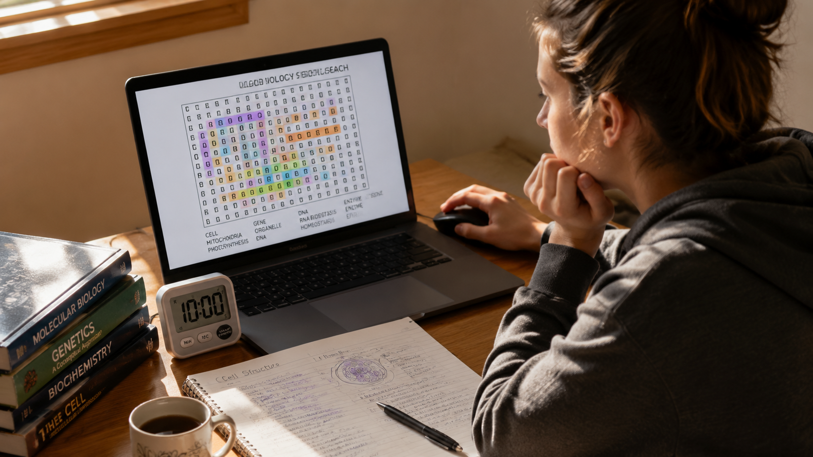 College student taking a timed study break with a word-search puzzle on a laptop