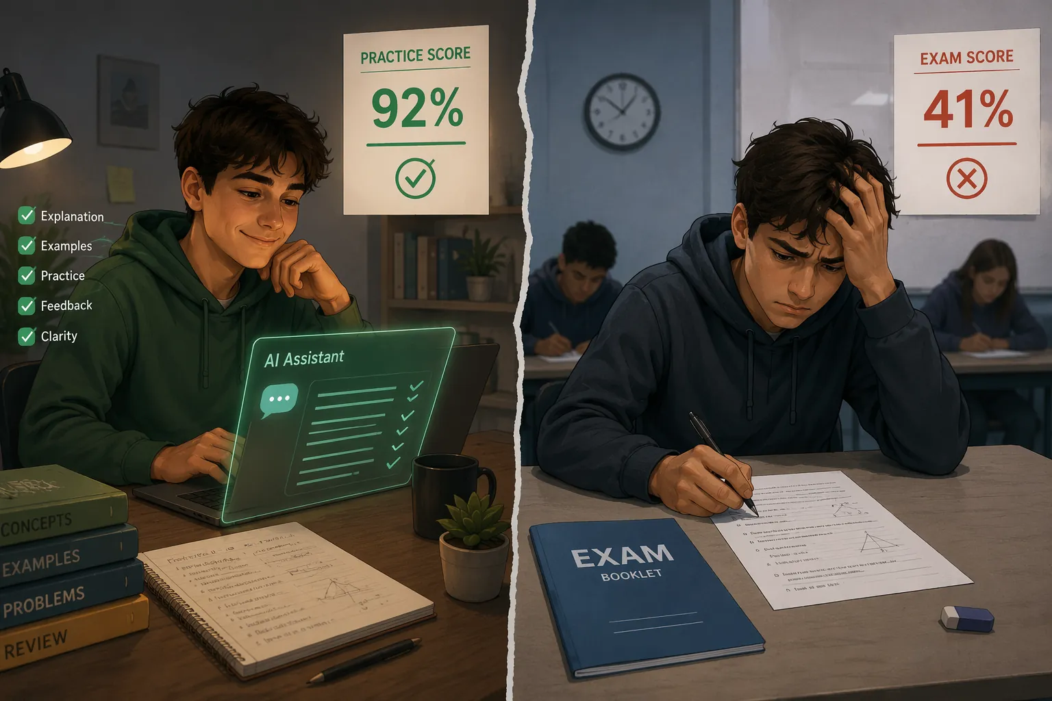 Student performs well with AI help during practice but struggles later in a closed-book exam