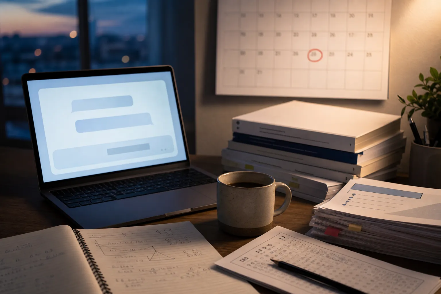 Laptop with an AI chat window beside official test-prep booklets, handwritten math notes, coffee, and a circled calendar date