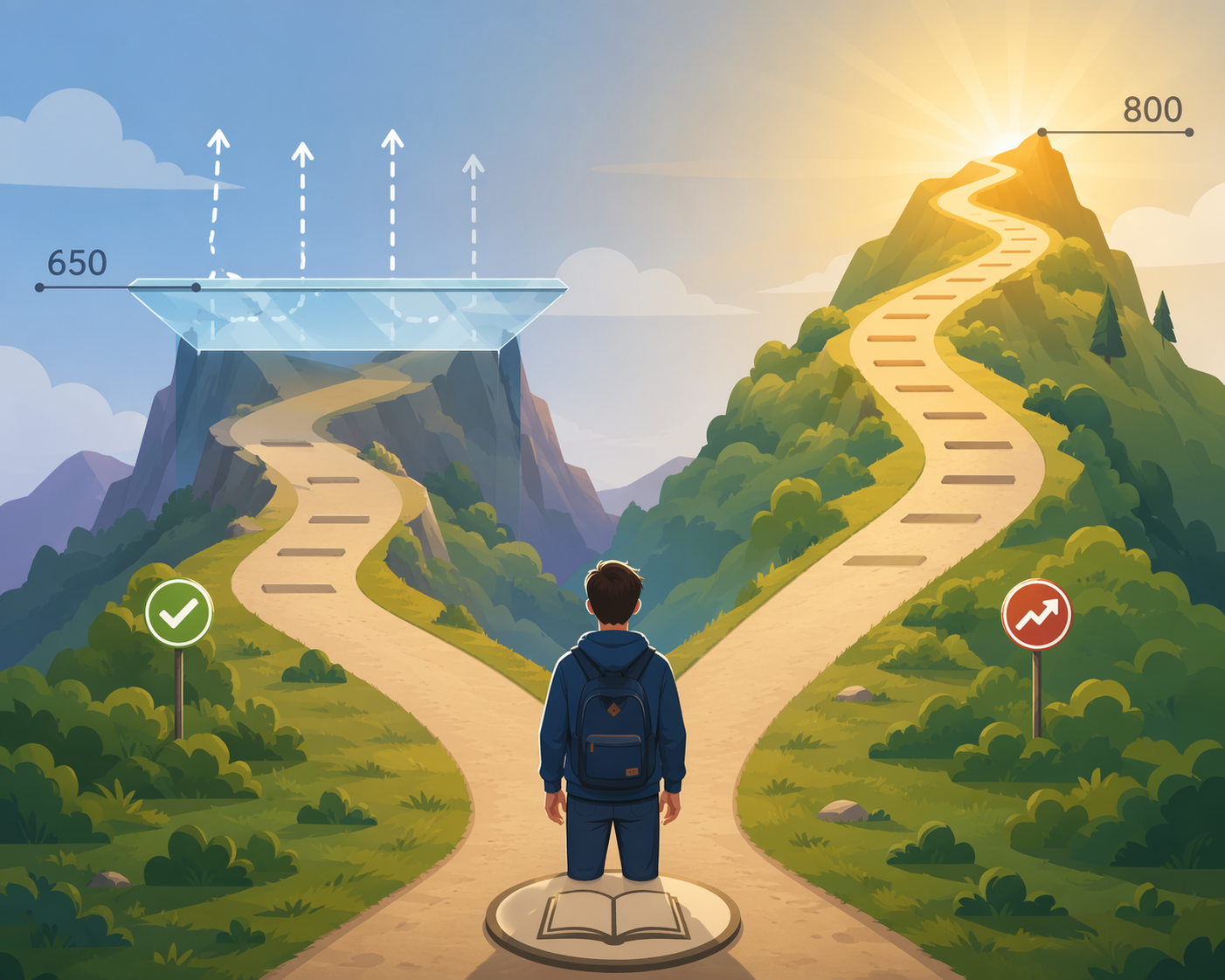 Student choosing between an easier adaptive SAT path capped near 650 and a harder path rising toward 800