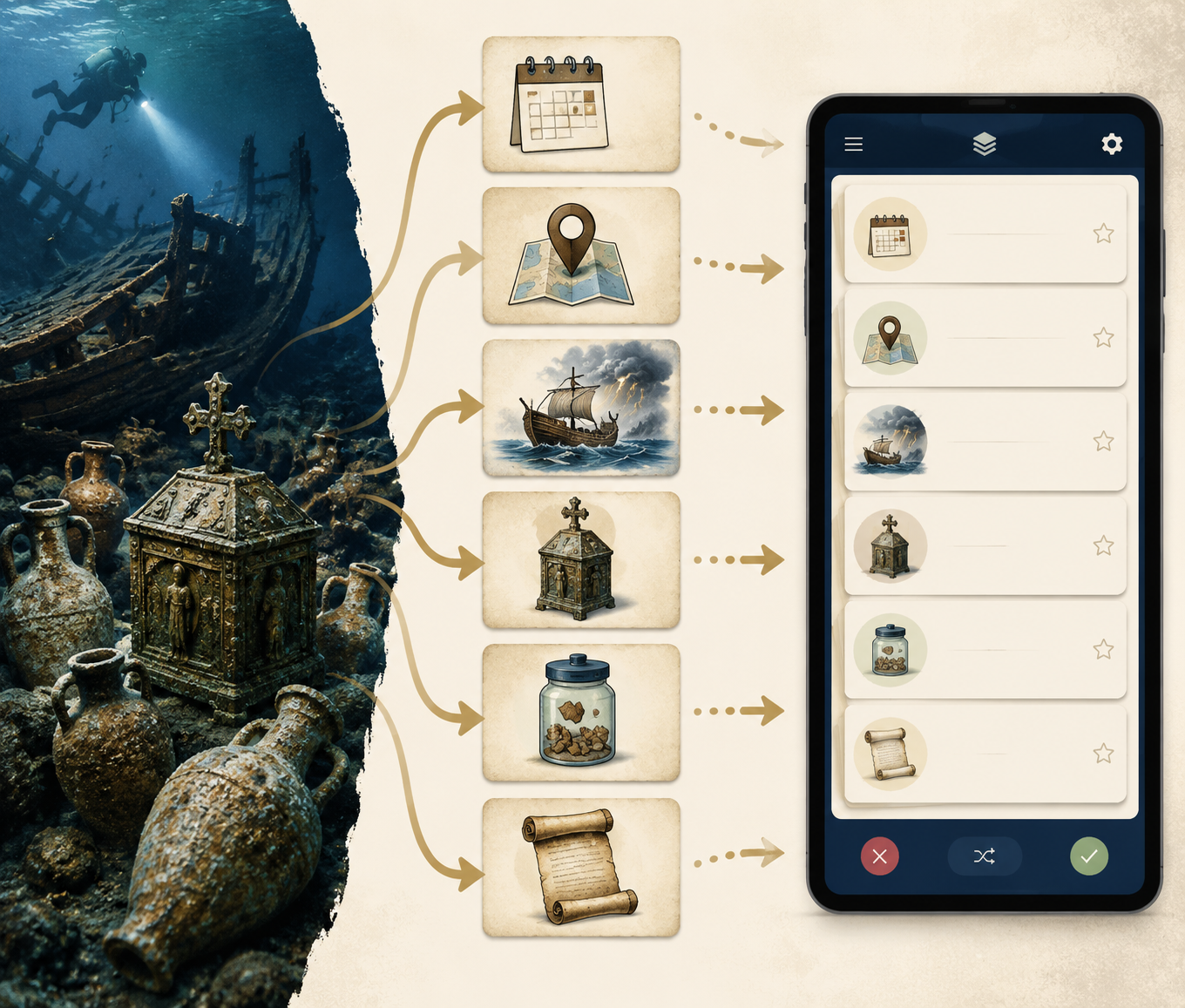 Workflow from underwater shipwreck evidence to fact categories and a digital flashcard app