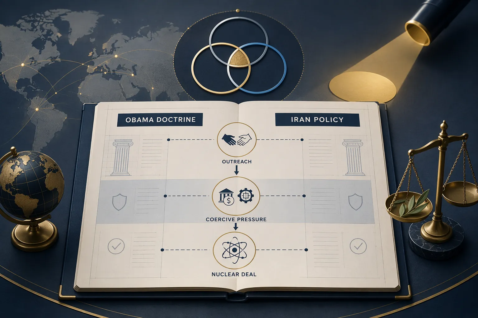 Conceptual diagram linking the Obama Doctrine's core principles to diplomatic outreach, coercive pressure, and the JCPOA
