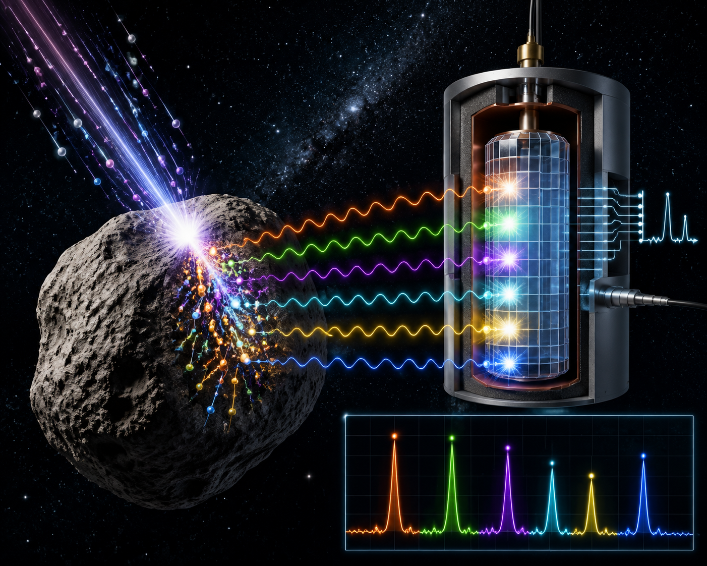 Diagram of cosmic rays striking an asteroid and producing gamma-ray energy peaks detected by a high-purity germanium crystal