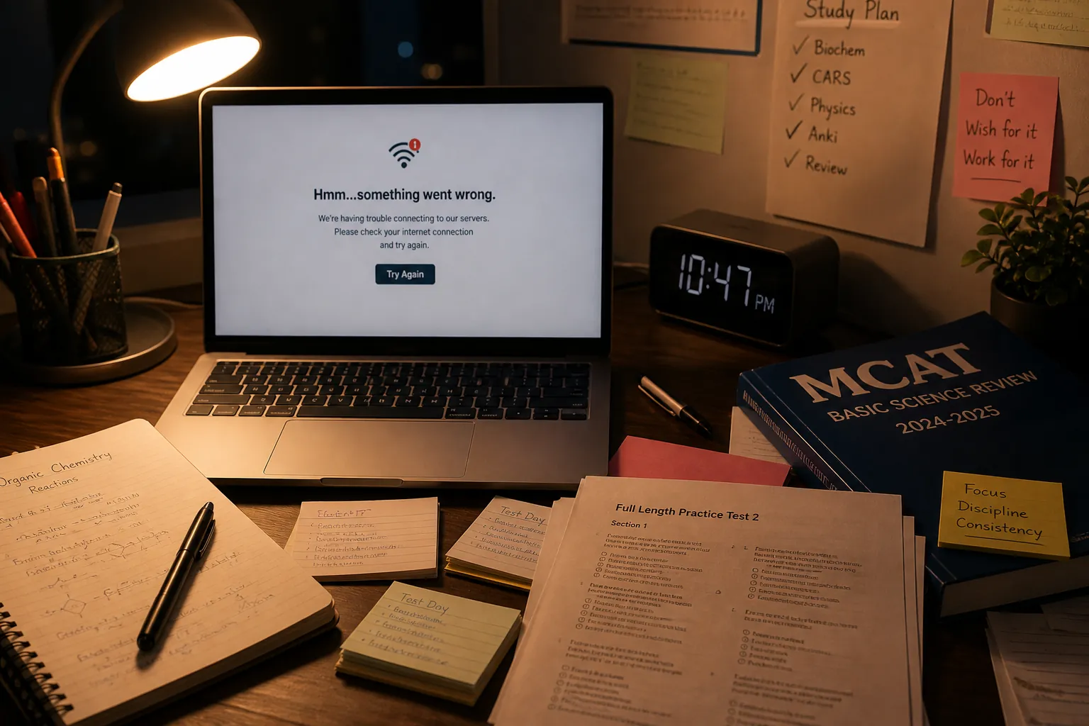 Nighttime study desk with a laptop service error, printed exam prep materials, notes, textbooks, index cards, and a desk clock
