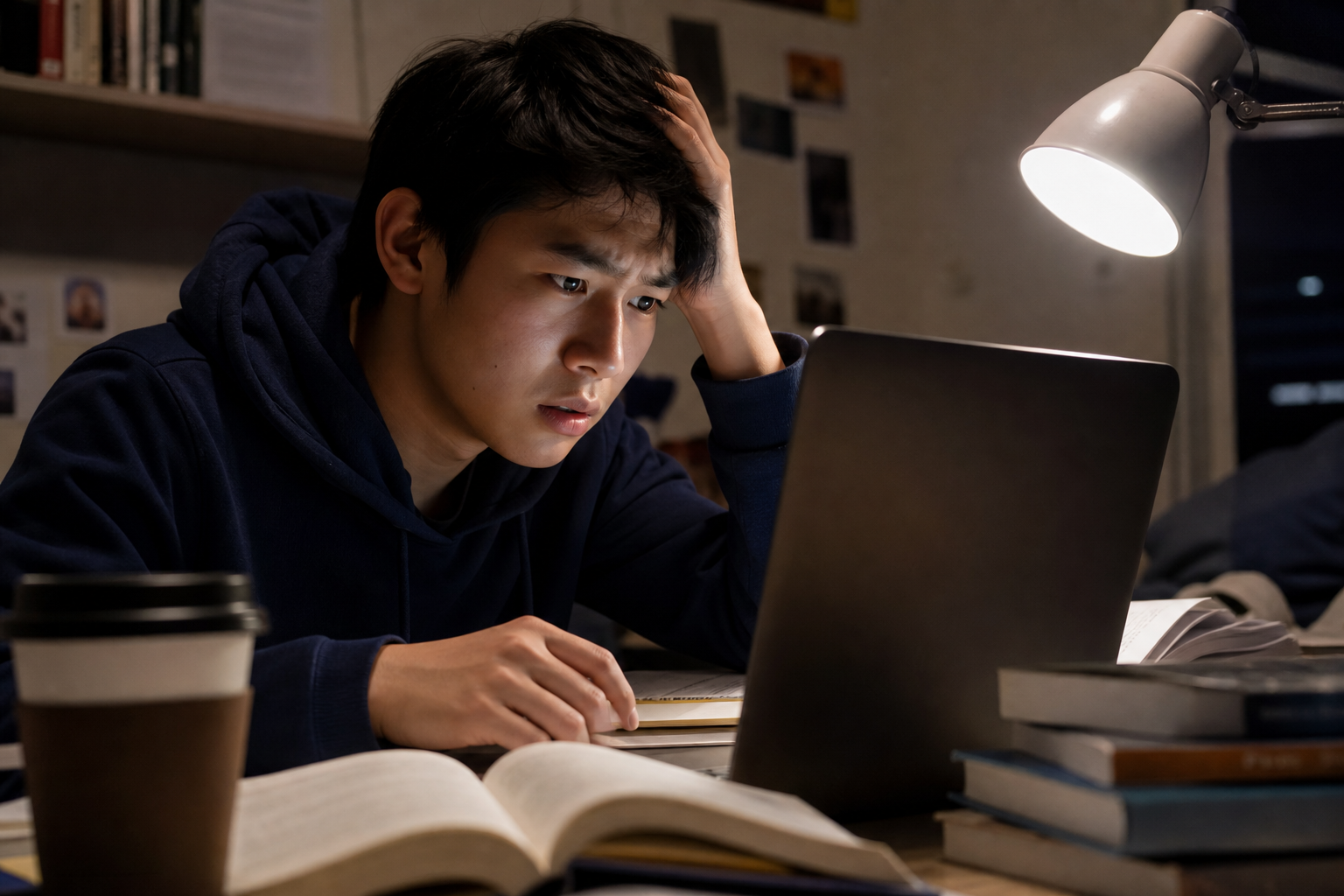 A worried student in a dim dorm room looking at a loyalty account with missing points