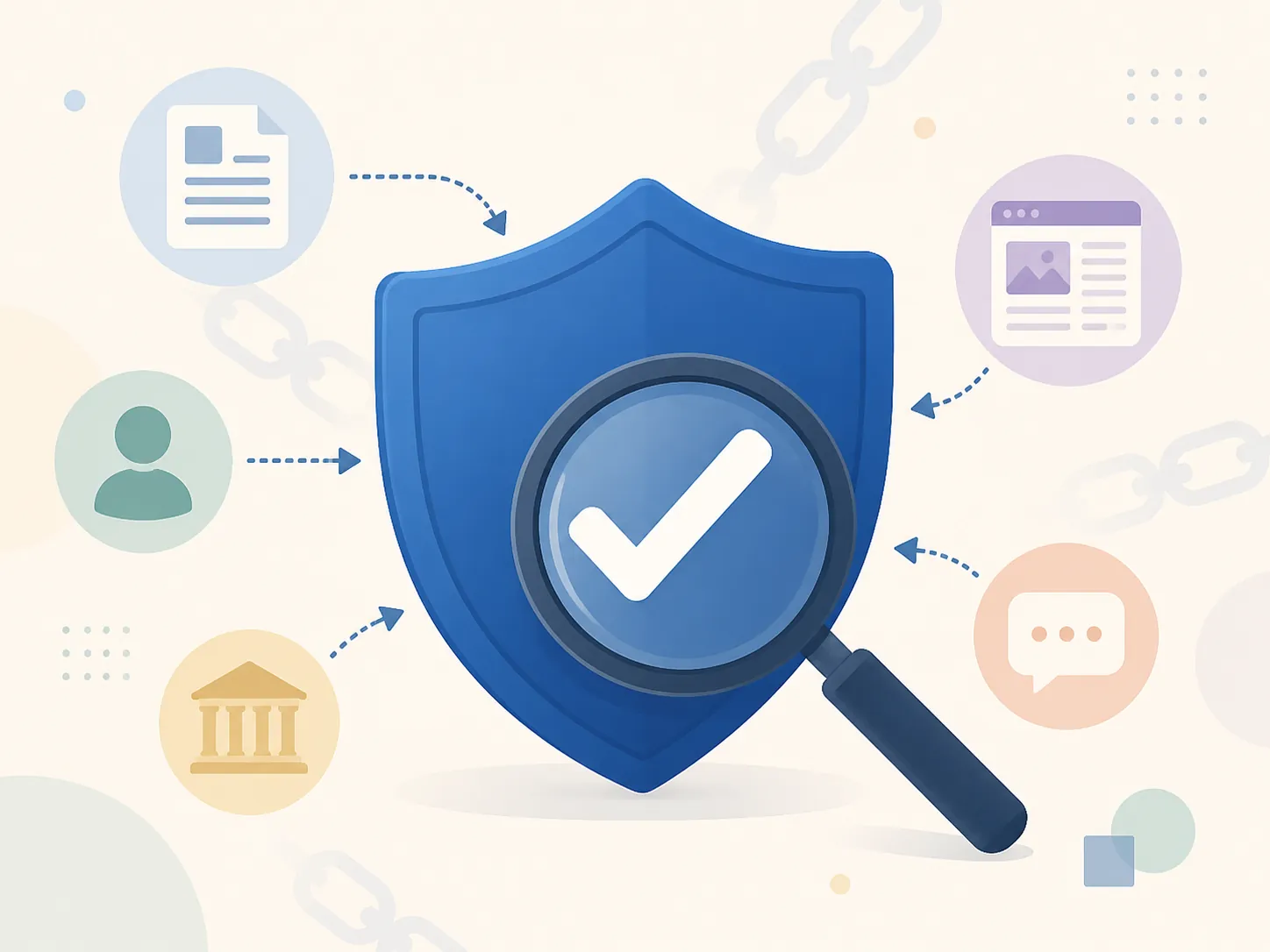 Shield and magnifying glass illustrating verification of an information source