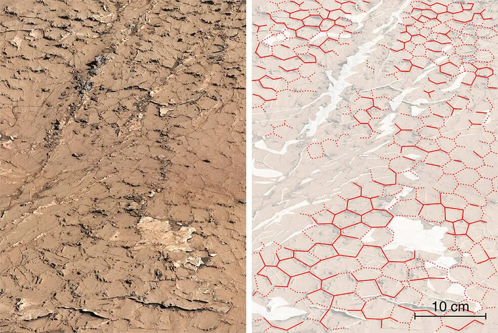 Ancient hexagonal mud cracks preserved in gray bedrock at Pontours on Mars