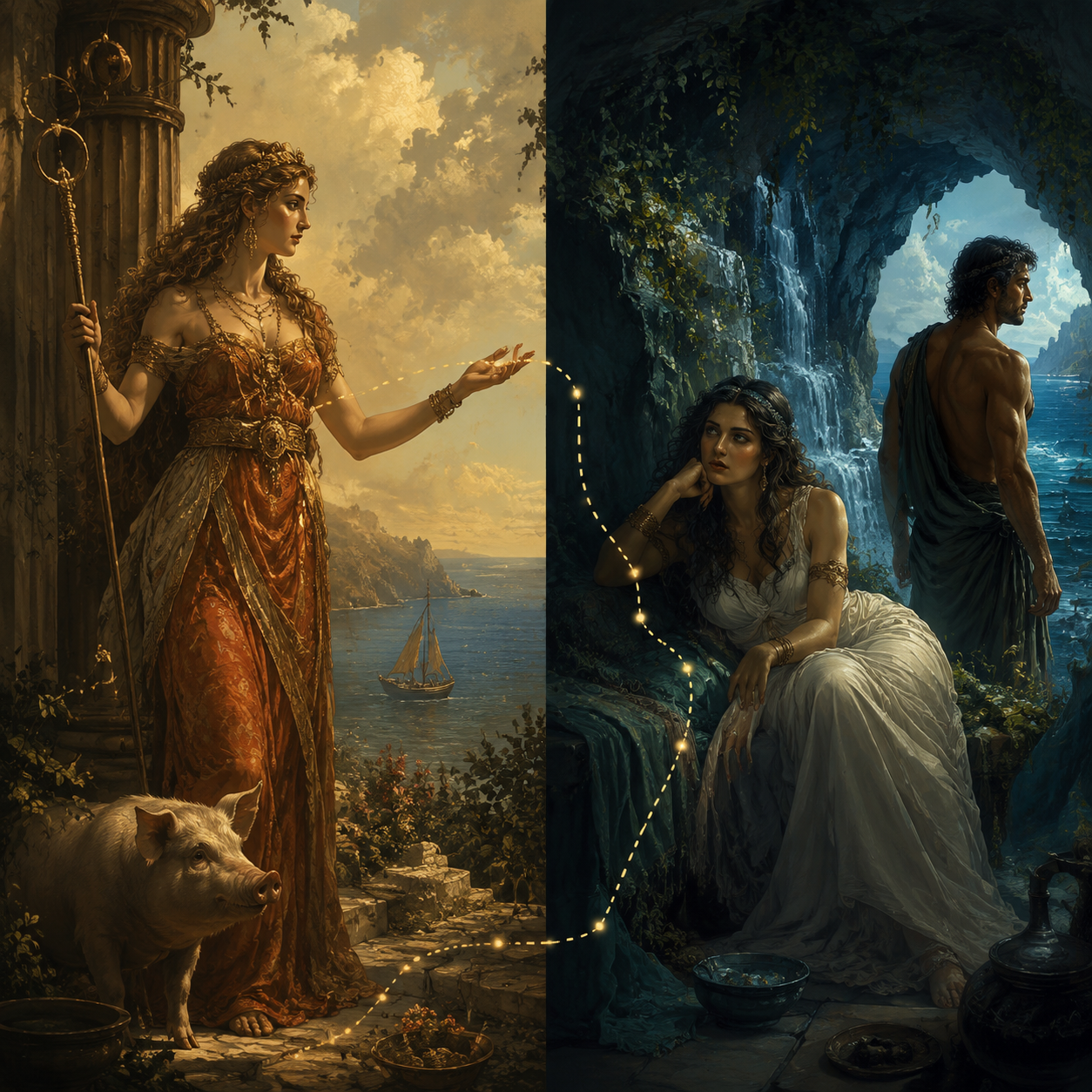 Split view of Circe guiding with a pig at her feet and Calypso sitting possessively while Odysseus looks toward the sea.
