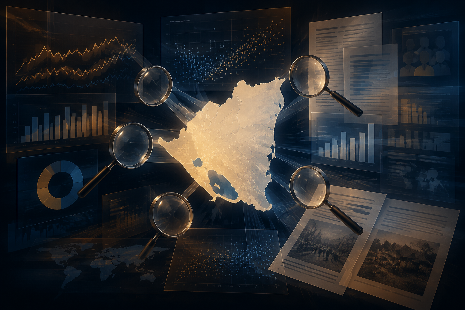 Multiple analytical screens, index charts, document pages, and survey graphs converging on a map silhouette of Nicaragua.