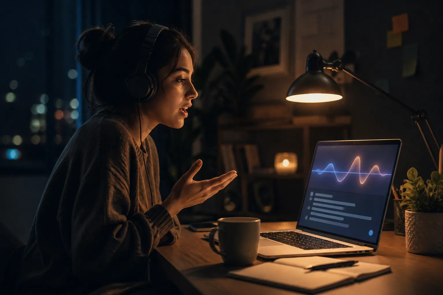 Learner practicing aloud at night with an AI voice partner on a laptop