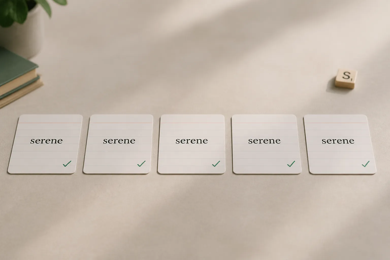 Repeated flashcards with checkmarks beside a single puzzle tile, contrasting retrieval practice with one incidental game encounter