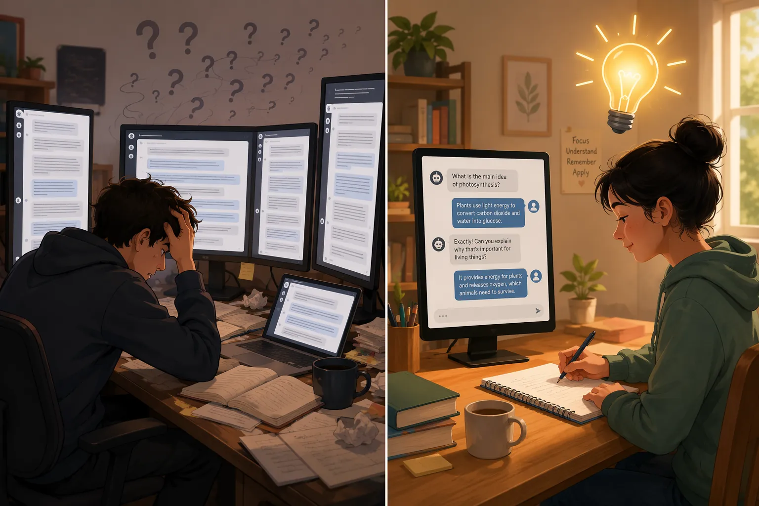 Split illustration of overwhelming AI chat use compared with focused AI-supported notebook study