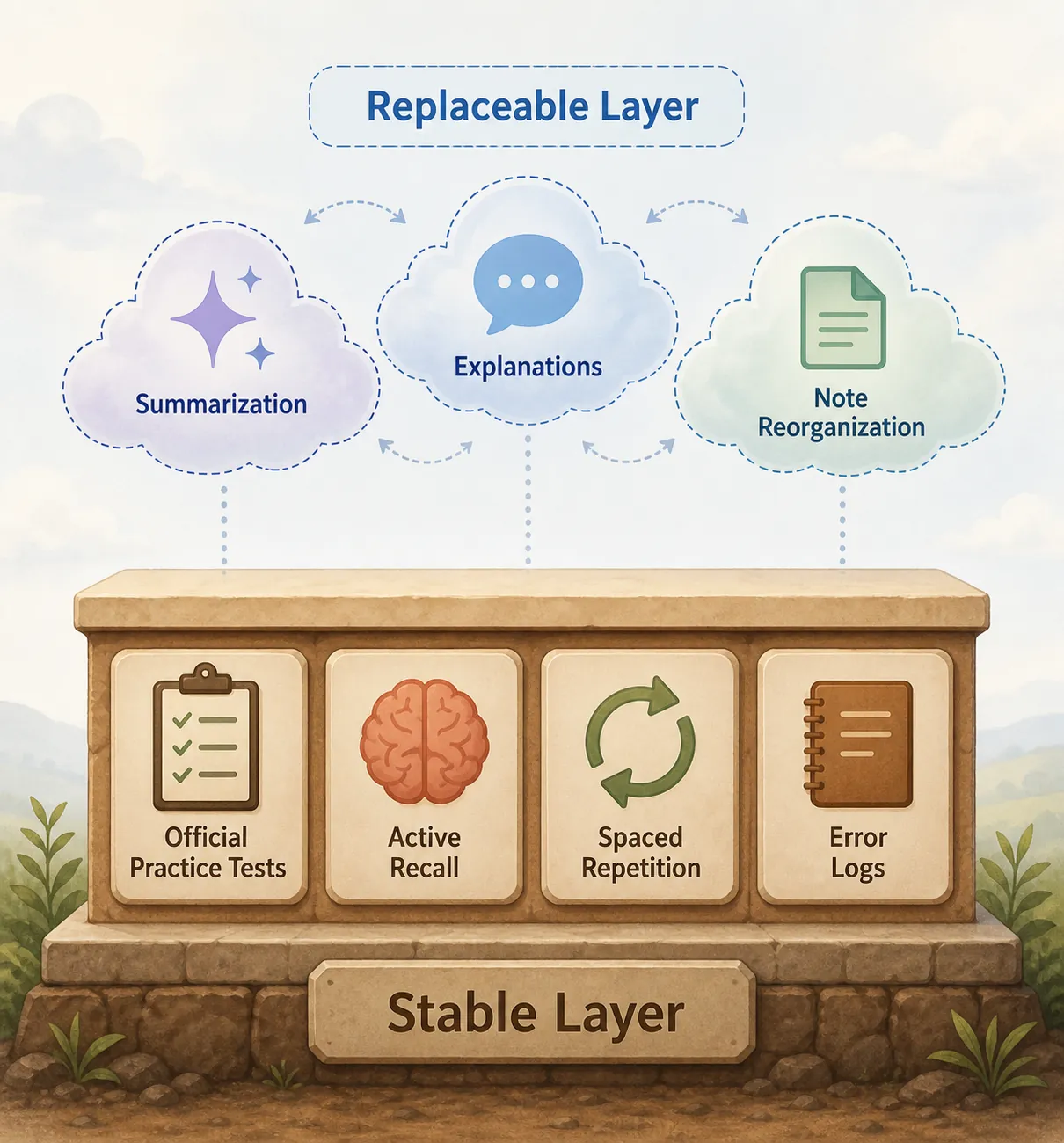 Two-layer study system with a stable foundation for official practice tests, active recall, spaced repetition, and error logs beneath replaceable AI tasks