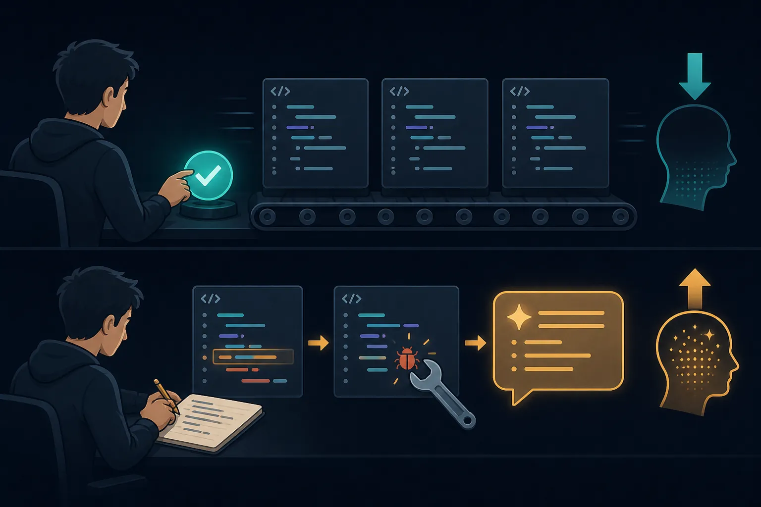 Two coding-learning workflows showing approval-only AI generation contrasted with writing, debugging, and reading explanations