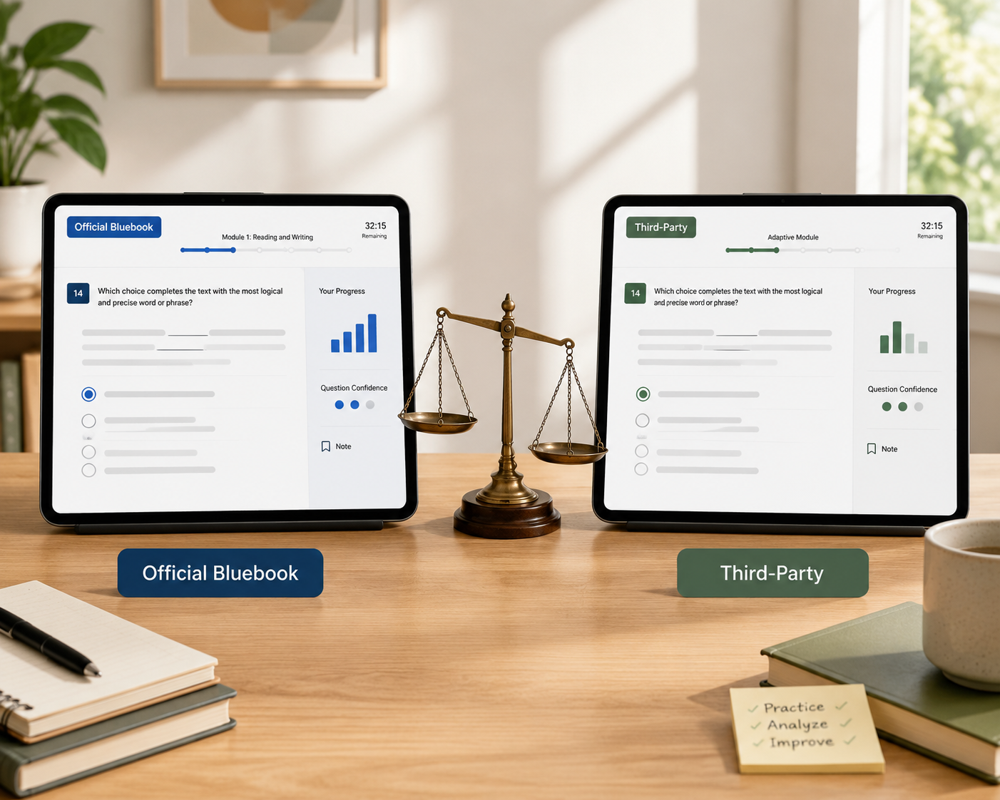 Two tablets comparing Official Bluebook and third-party digital SAT practice tests