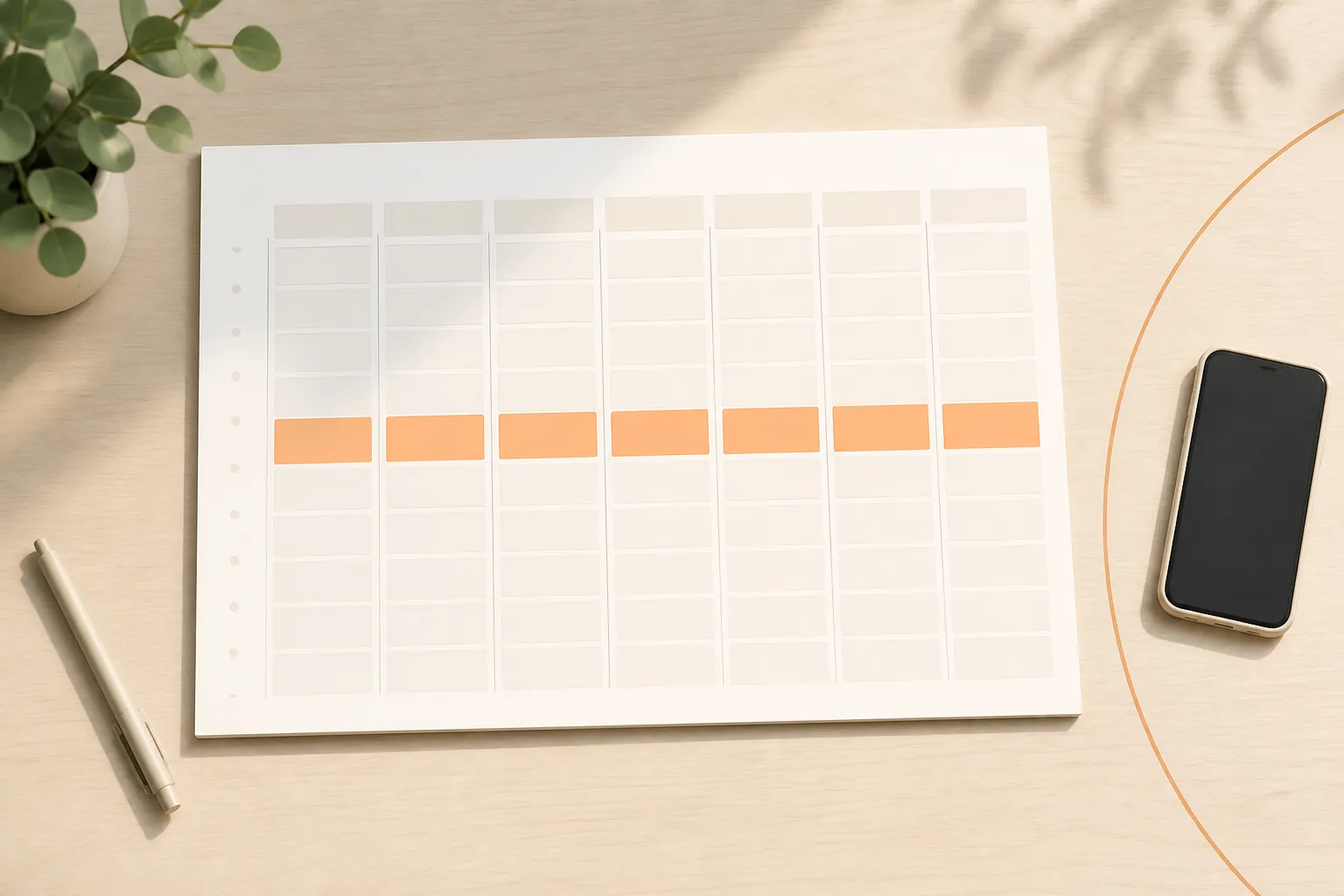 Weekly planner with the same recurring study period highlighted each day and a smartphone set outside the block