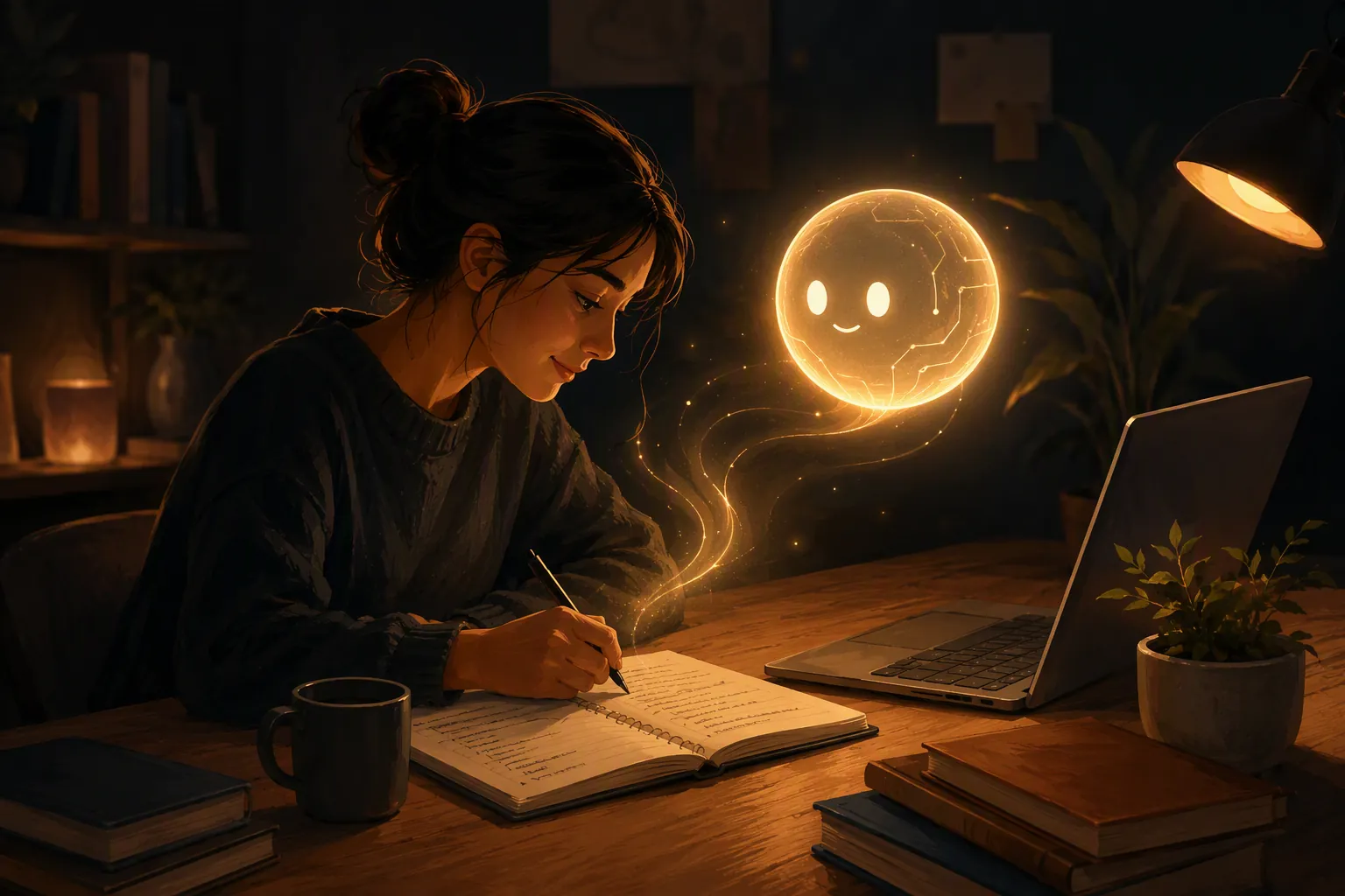 A learner writing code by hand while an AI assistant offers guidance nearby