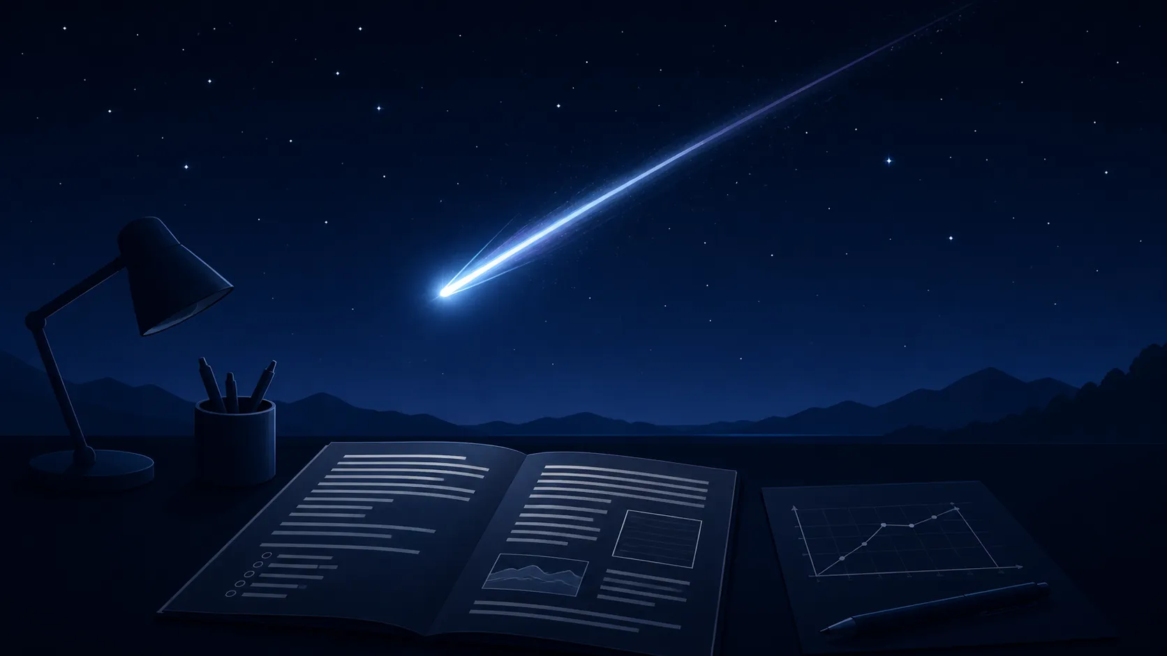 A meteor streaking over a minimalist exam booklet and science passage desk scene