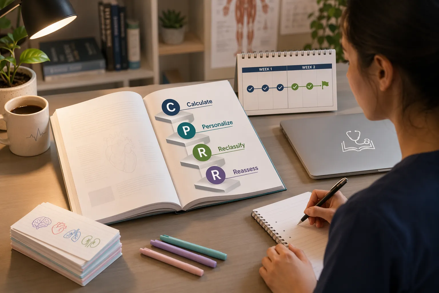 Medical student studying a CPR pathway guideline with flashcards and a two-week calendar