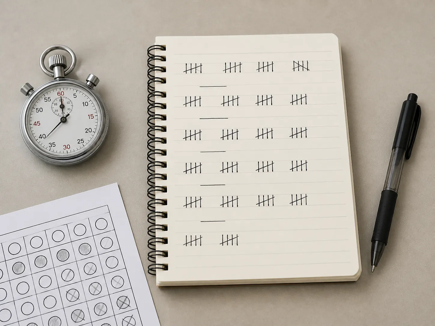 Stopwatch, notebook with tally marks, pen, and practice worksheet used for simple self-tracking