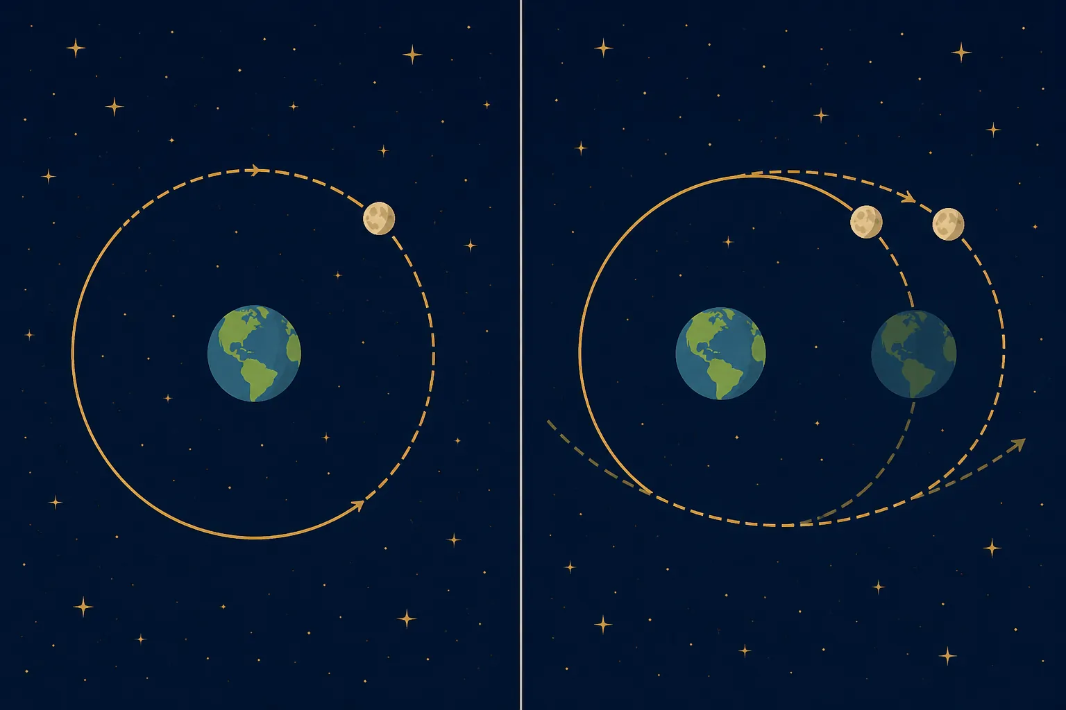 Diagram comparing a sidereal month against the stars with a synodic month requiring extra travel after Earth moves along its orbit